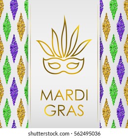 White background with Traditional Mardi Gras seamless pattern with gold, green, yellow and violet colors, dust confetti. With gold lettering and golden carnival mask. Vector illustration. 