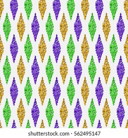 White background with Traditional Mardi Gras seamless pattern with gold, green, yellow and violet colors, dust confetti. Vector illustration. 