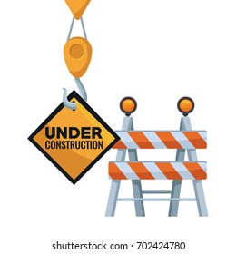 white background with traffic barrier and crane hook holding a transit signal in diamond shape with under construction text