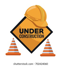 white background with traffic signal text under construction and helmet and cones