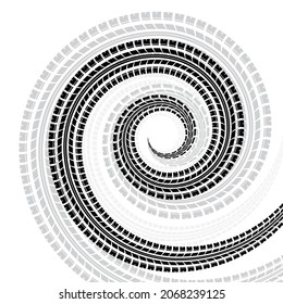 White background with transportation tire tracks in spiral shape. Black and gray car tyres silhouettes circle forms