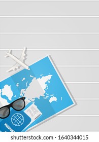 White background for travel banner with place for text. Tickets, passport, world map and airplane are on the table. Vector illustration.
