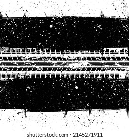 Fondo blanco con dos manchas negras de tinta enmarcan forma rectangular y pistas de neumáticos hehicle