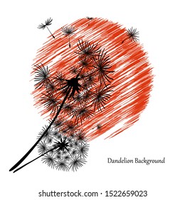 White background with two dandelions and a red sun. Black silhouette of a dandelion. Flower seeds fly to the sky. Abstract beautiful vector drawing. Summer dandelion icon with a red circle.