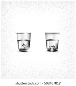 white background, two small glasses of strong alkoholic drink or water and ice cubes inside
