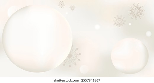 White background with two white spheres and snowflakes. Snowflakes are scattered across the spheres, creating a sense of movement and depth. Delicate beige and pink shades. Blank template copy space