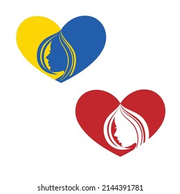 White background with Ukrainian national color heart shape and woman silhouette. Donate and help Ukrainein war with Russia in 2022. Save Ukraine and people and children