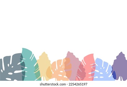 White background with various colorful  transparent leaves at the bottom. Beautiful floral design. For presentation template, card, poster, invitation, cover, paperwork, textile, fabric, wallpaper. 