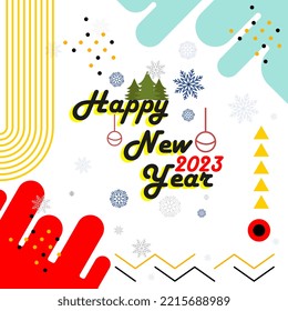 White background Vector illustration.Happy new year 2023 text design with modern calligraphy and dark background style. Creative Greeting  card banner for 2023 clean energy colorful lines. 