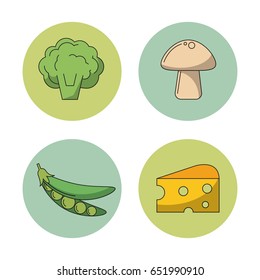 white background with vegetables cauliflower mushroom peas and slice cheese in round frames