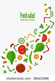 White background with vegetables. Fresh salad, organic food. Vector illustration, flat style