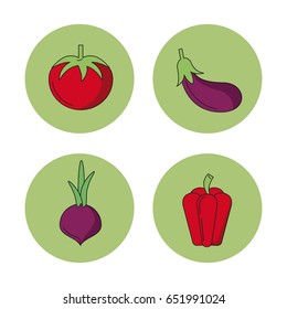 white background with vegetables tomato eggplant beet peppers in round frames