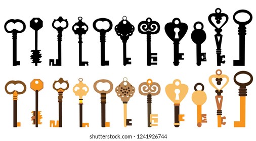 white background, vintage key, set, collection with silhouette of keys