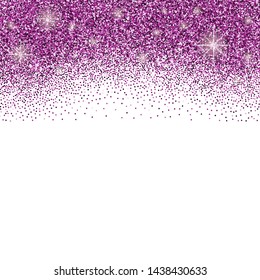 White background with violet glitter sparkles or confetti and space for text.