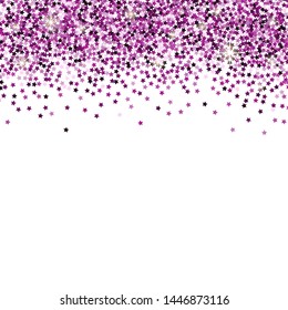 White background with violet star confetti and space for text.