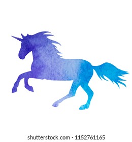 white background, watercolor blue silhouette of a running unicorn