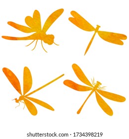 white background, watercolor silhouette dragonflies fly