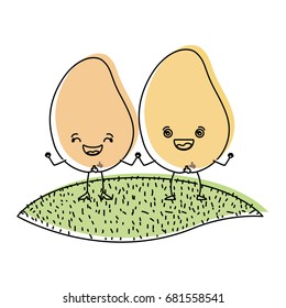 white background with watercolor silhouette of pair of mango fruits caricature over grass vector illustration
