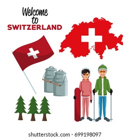 white background of welcome to switzerland with traditional elements and skiers people