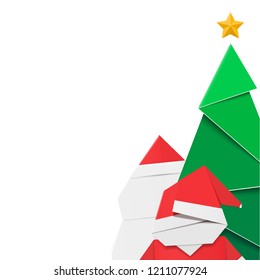 White background with winter sign origami elements: New Year tree, snowman and santa claus.