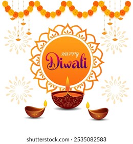 A white background witha circular mandala pattern in the center Inside the mandala the text Happy Diwali is written in a decorative font There are also diyasplaced below the mandala fireworks marigold