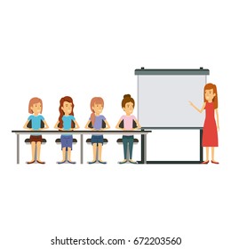 white background with women group sitting in a desk for executive female in presentacion business people vector illustration