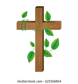 white background with wooden cross and creeper plant vector illustration