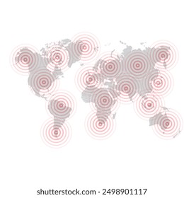 Fondo blanco con la silueta del mapa del mundo y círculos rojos del epicentro. Epicentro de la crisis mundial 2024 en todo el mundo