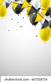 White background with yellow and black flags and balloons. Vector illustration.