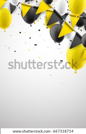 White background with yellow and black flags and balloons. Vector illustration.