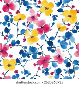 White background, yellow, pink, and blue watercolor floral print.  tiny flower seamless pattern vector illustration, doodle summer, kids and baby designs for print fabric.