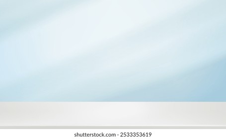 White Background,Blue Wall Interior Studio Room with Light,Shadow on 3d Podium Stand Display for Product Presentation,Vector minimal scene for Winter,Christmas banner or Easter Background