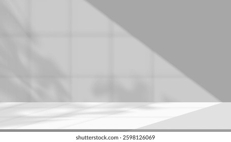 White background,Shadow leaves, light effect on wall room for product display,Studio background sunlight, shadow window reflection texture on floor podium,Vector Abstract background for Summer banner