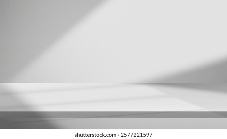White Background,Studio wall grey with shadow on 3d floor podium for Product Presentation,Kitchen room with spring effect light.Vector minimal backdrop abstract display mock up for summer banner 