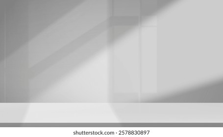 White Background,Studio wall grey with shadow on 3d floor podium for Product Presentaion,Kitchen room with spring bright light.Vector minimal backdrop display mock up  