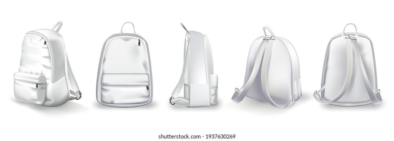 White backpack design front, side and back view set. College or school rucksack mockup vector illustration. Realistic youth pack of fabric for study or sport with shadows.