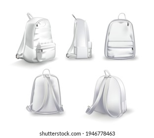 White backpack design front, side and back view set. College or school rucksack mockup vector illustration. Realistic youth pack of fabric for study or sport with shadows.