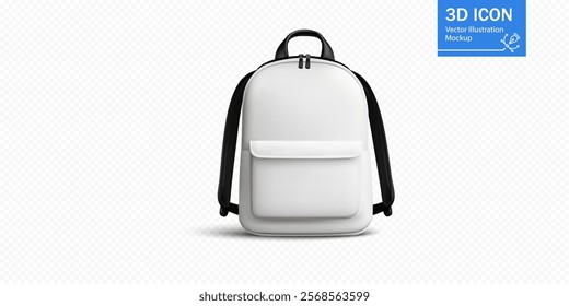 A white backpack with a front pocket is showcased against a plain background. This mockup is ideal for graphic design projects, presentations, and product branding.