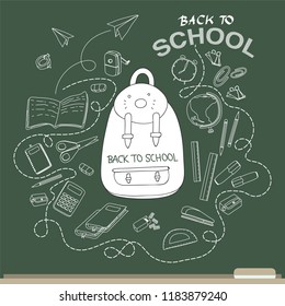 White Backpack  with hand drawing style of school supplies on blackboard for background and banner, Back to School Concept Vector illustration