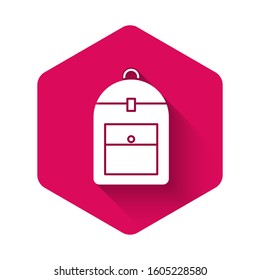 White Backpack icon isolated with long shadow. Pink hexagon button. Vector Illustration