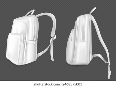 Mochila blanca con cordón, bolsillo y cremallera vista lateral. Conjunto de Ilustración vectorial 3D realista de la escuela o bolso de viaje trasero con correas. Mochila adolescente de cuero en blanco con asa.