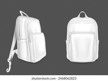 White backpack mockup front and side view with pocket, zipper and strap. Realistic 3d vector illustration set of blank leather rucksack template. Empty casual youth schoolbag or knapsack mock up.