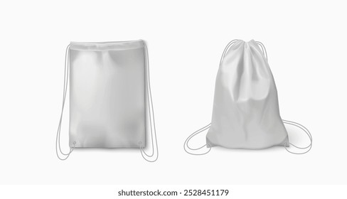 White backpack mockup with thin long drawstring for carrying gym clothes or school tools. Realistic 3d vector illustration set of blank soft fabric shoulder rucksack with string strap template.