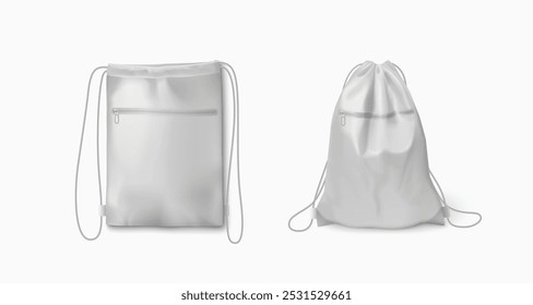White backpack mockup with thin long drawstring for carrying gym clothes or school tools. Realistic 3d vector illustration set of blank soft fabric shoulder rucksack with string strap template.