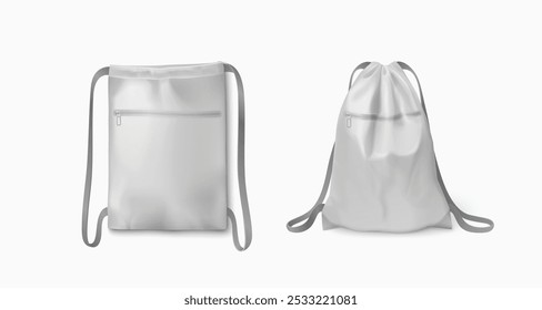 Maqueta de mochila blanca con cordón largo y delgado para llevar ropa de gimnasio o herramientas escolares. Conjunto realista de Ilustración vectorial 3D de mochila de hombro de tela suave en blanco con Plantilla de correa de cadena.