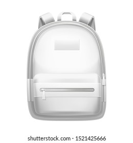 White backpack, school bag, vector 3D realistic isolated mockup template. Modern silver gray fashion back pack with zipper pocket, casual rucksack bag accessory blank mock up for branding