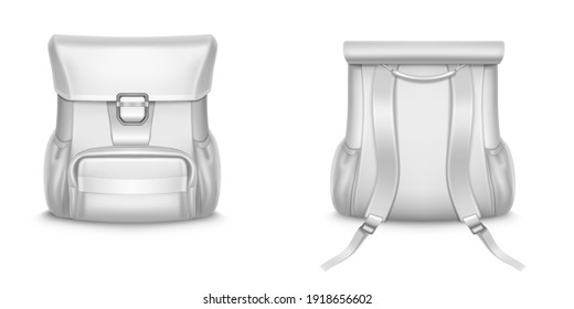 White backpack, school or travel rucksack in front and back view. Vector realistic mockup of blank leather or cloth backbag, women fashion accessory isolated on white background