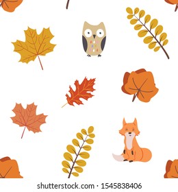 White backround. Fox and leaves vector pattern number three.