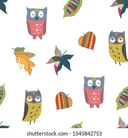 White backround. Own and leaves vector pattern number two.
