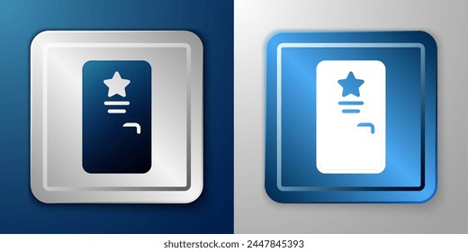 White Backstage icon isolated on blue and grey background. Door with a star sign. Dressing up for celebrities. Silver and blue square button. Vector